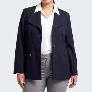 Tahari Navy Herringbone Structured Blazer Jacket 0X Large L Corporate Chic